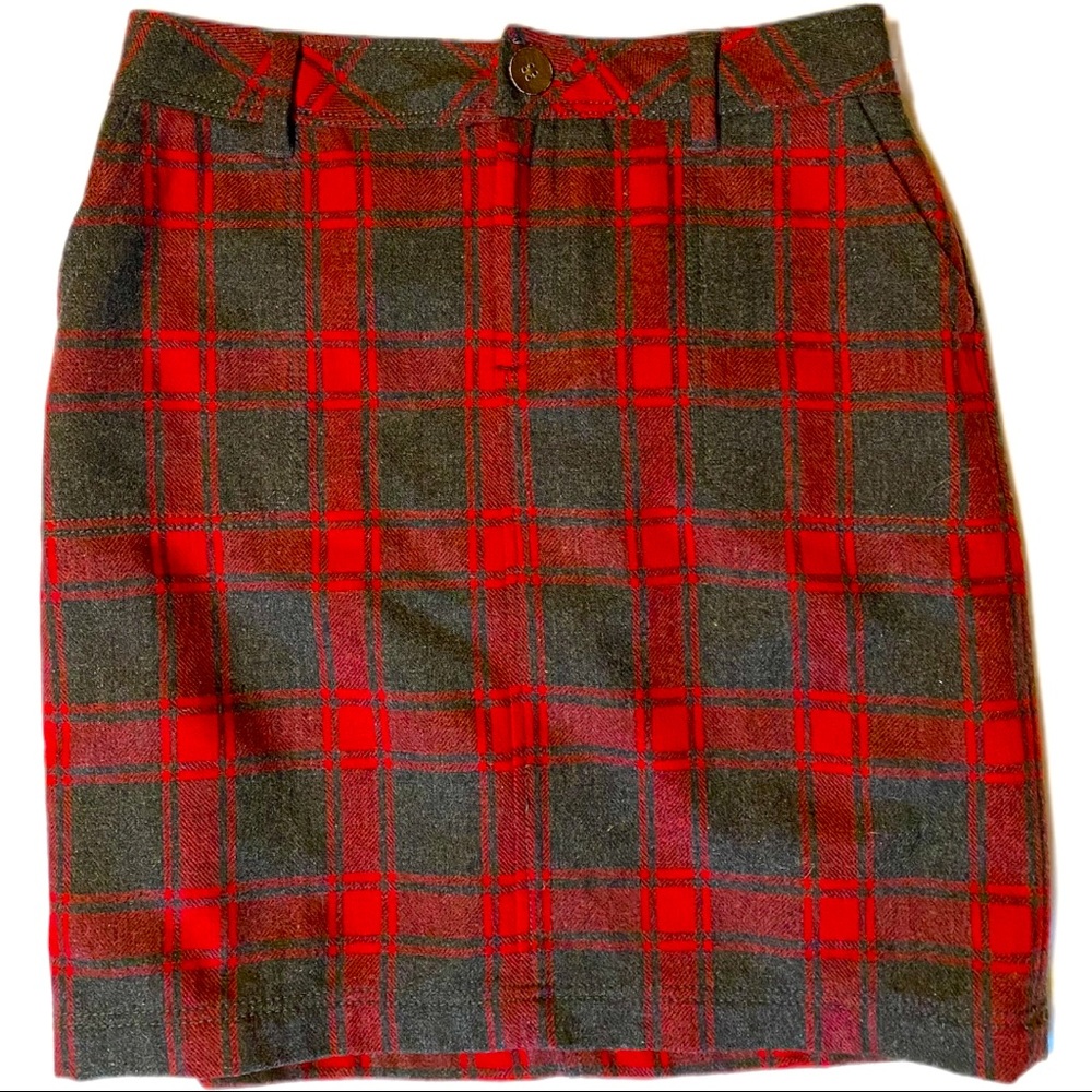 Eddie Bauer lined wool red and gray plaid skirt.